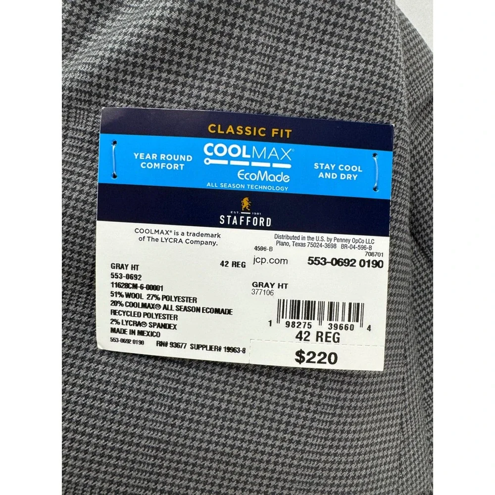 Stafford CoolMax EcoMade Suit Jacket 42R Gray Houndstooth Wool Blend Classic Fit